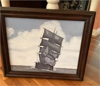 Framed sailing ship painting "Argosy" by R. Hart