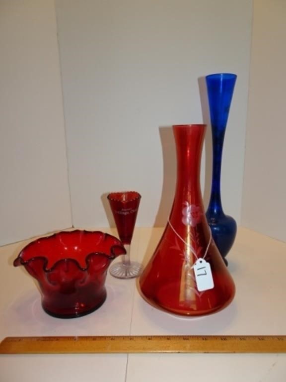 Ruby & Cobalt Vase/candy Dish Lot Murano Style