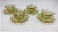 4 Yellow Depression Glass Tea Cup & Saucer Sets
