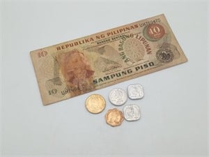 Lot Foreign Money Philippines 10 Piso Bill 5 Coin