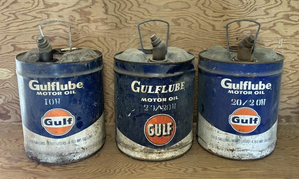 3 Gulflube 5 Gallon Oil Cans