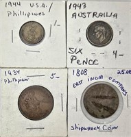 4 Foreign Coins 1808 Shipwreck Coin East India Co+