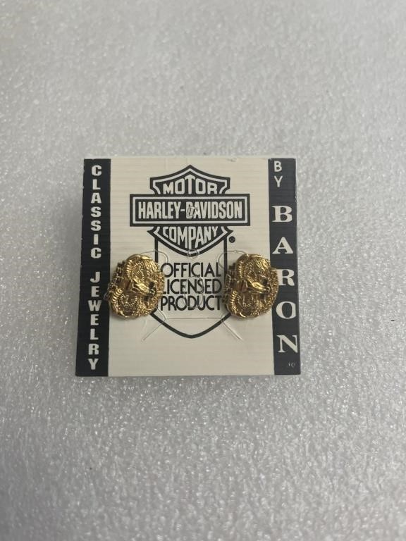 Harley-Davidson Stud Earrings, Engine/Logo, Gold