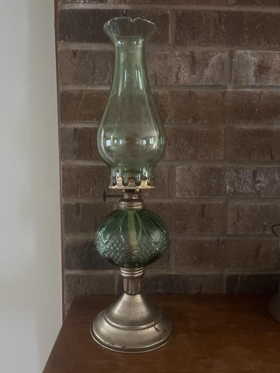 Vintage Green glass oil lamp