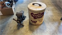 Bench Vise and Charles Chips Tin Can