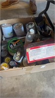 Box Lot of Paint cans, Stain Finish, and Brushes