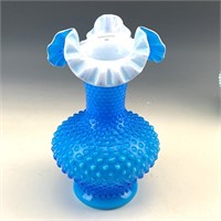 Fenton Blue Overlay Ruffled Hobnail Vase