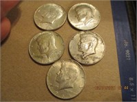 5 Kennedy Half Dollars-40%Silver-1968(3),1967,1965