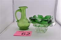 Vintage Hand Blown Glass Bowl & Green Decanter