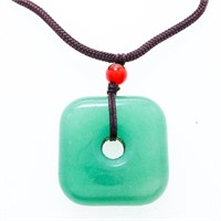 Hand Carved Jade Necklace, Square Pendant w/ Beads