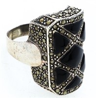 Estate Sterling Silver Ring, Marcasite & Black Ony