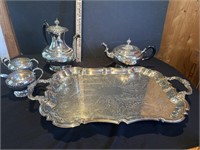 Silver plate coffee/ tea/ creamers and tray