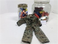 Jar of marbles, toys and GI Joe outfit