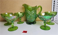 Vtg Tiara Lime Green Carnival Glass Pitcher Set