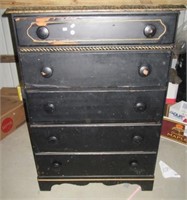 Vintage wood five drawer dresser. Measures 46" h