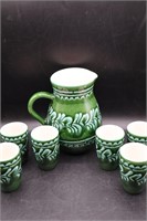 7 Green Crackle Glaze Art Pottery Pitcher & Cups