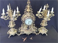 Antique brass mantel clock & candelabra set
