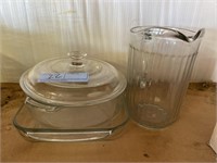 Glass pitcher, two casserole dishes