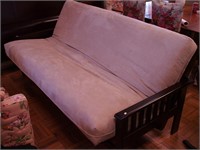 Wooden futon with wooden arms, tan microfiber