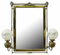 ENGLISH VICTORIAN STYLE BRASS MIRROR W/ SCONCES