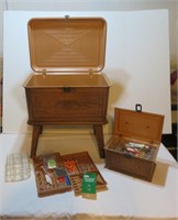 Sewing box w/ contents - wood look plastic