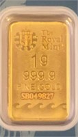 1g 999.9 Fine Gold Bar Ser # SB039827