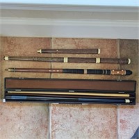 Brunswick Pool Cue In Case & Carved Cue On Floor