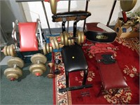 lot of bench press, weights curl bar, bench, etc.