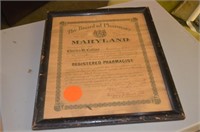Pharmacy Certificate Maryland Framed 1920