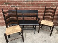 Black painted settee & pair ladder back chairs