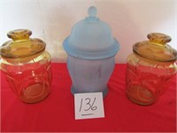 SATIN GLASS COOKIE JAR, 2 AMBER STORAGE JARS