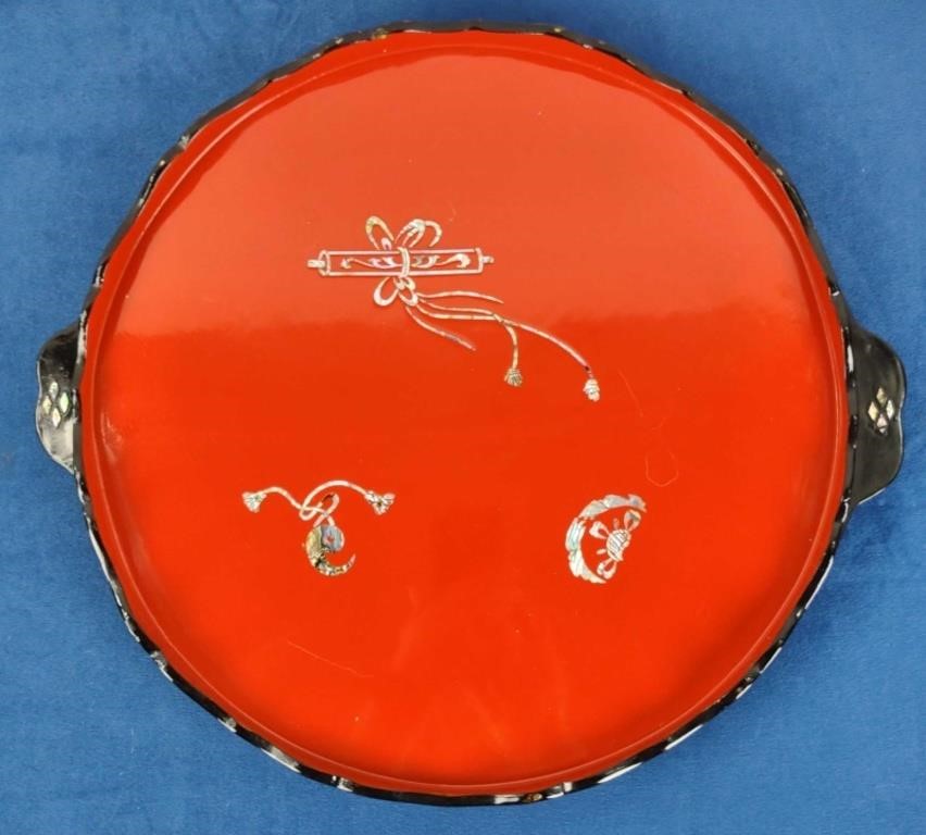 Red Lacquer Chinoiserie w/ Inlaid MOP Round Tray