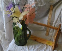 wooden paper towel rack + green pitcher w flowers