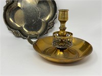 Brass Vintage Candlestick Holder Silver Plate Tray