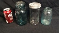 2 blue and one clear canning jar