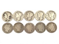 10 Silver Dimes,  Barber, 5 Mercury, US Coins