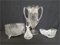 Box of crystal dishes, decanter, and vase