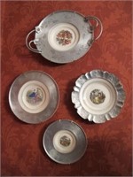 4 PIECE VICTORIAN PLATES W/ PEWTER TRAYS