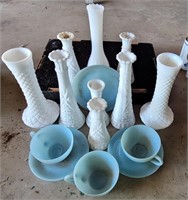 Milk Glass & Blue Delphite Cups/Saucer Set
