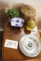 Items on End Tables & Ceramic Basket w/Greenery