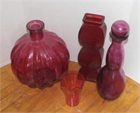 PURPLE GLASS VASES, LARGE BOTTLE & PLASTIC VASE