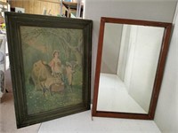 LG.FRAMED MILKMAID PICTURE & WOODEN FRAMED MIRROR