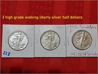 3 high grade walking liberty silver half dollars