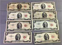 (8) 1953 US Two Dollar Red Seal Notes