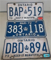 Ontario License Plates - 1973, 1972, & 1972 Single