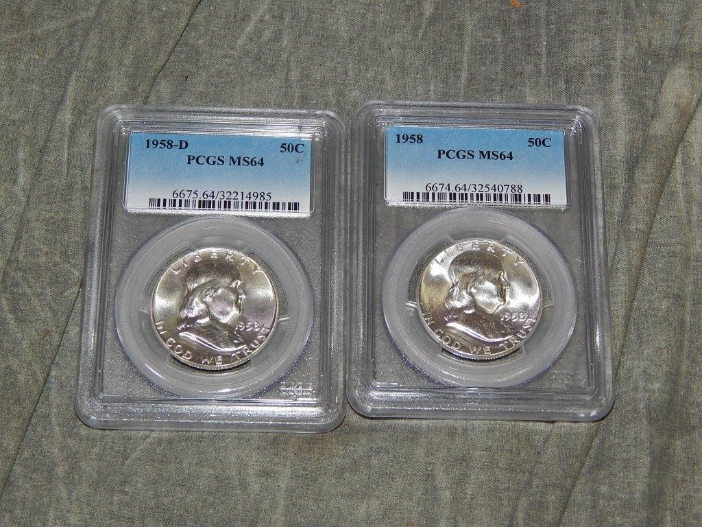 1958 & 1958 D Franklin Half Dollars PCGS MS64