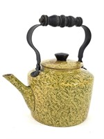 Yellow & Green Spongeware Kettle w Wood Handle