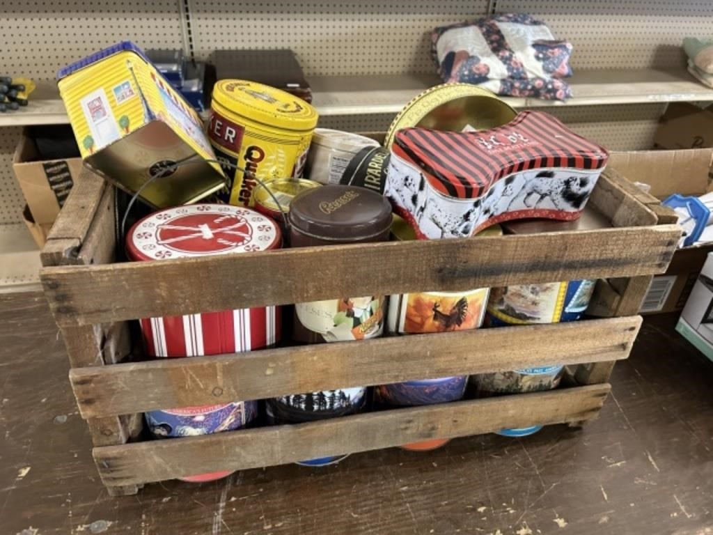 CRATE WITH OLD TINS