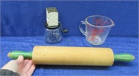 green handle rolling pin -old nut grinder -mix cup