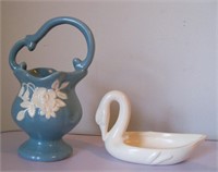 Vintage WELLER Pottery Cameo Basket Vase & Swan